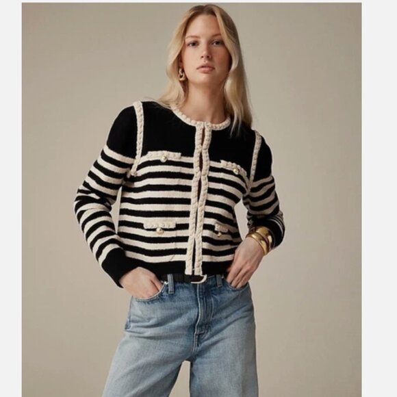 J. Cew Odette sweater lady jacket in striped bouclé Size XS Old Money Gold Butto - Picture 1 of 11